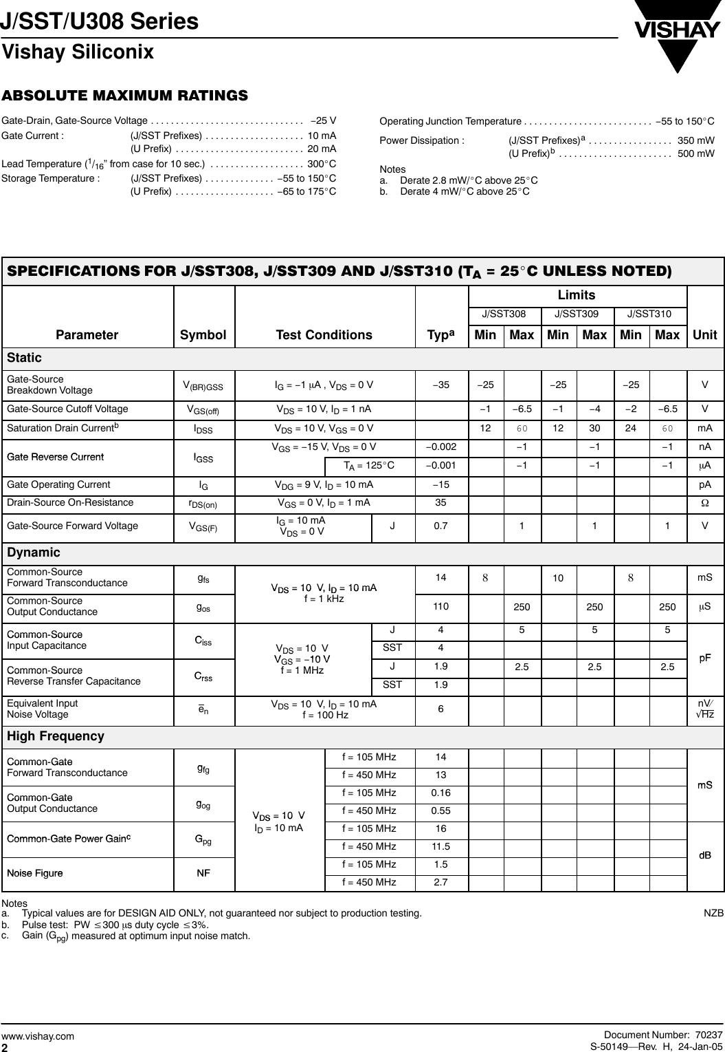 Page 2 of 8 - J308, J309, J310, SST308, SST309, SST310, U309, U310 - Datasheet. Www.s-manuals.com. Vishay