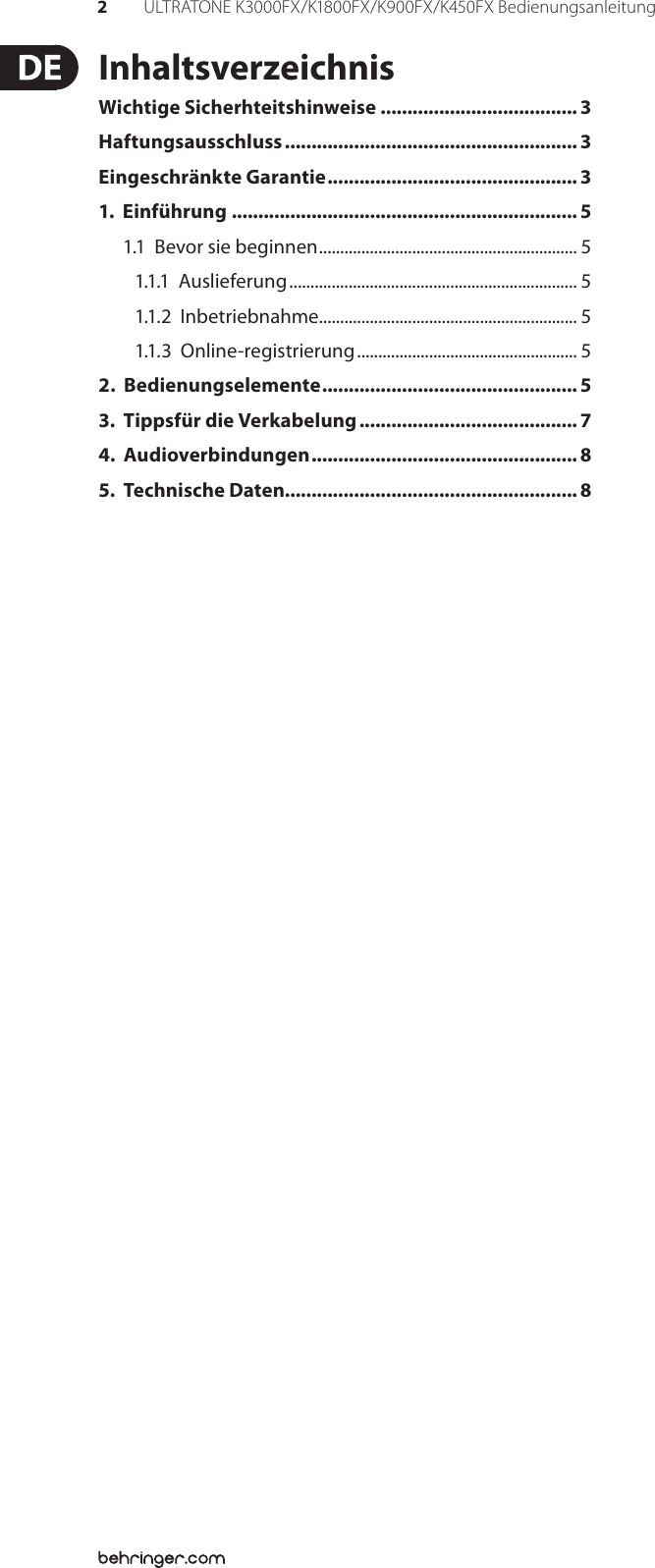 Page 2 of 10 - ULTRATONE K3000FX/K1800FX/K900FX/K450FX Behringer K1800FX User Manual (German) P0380 M De