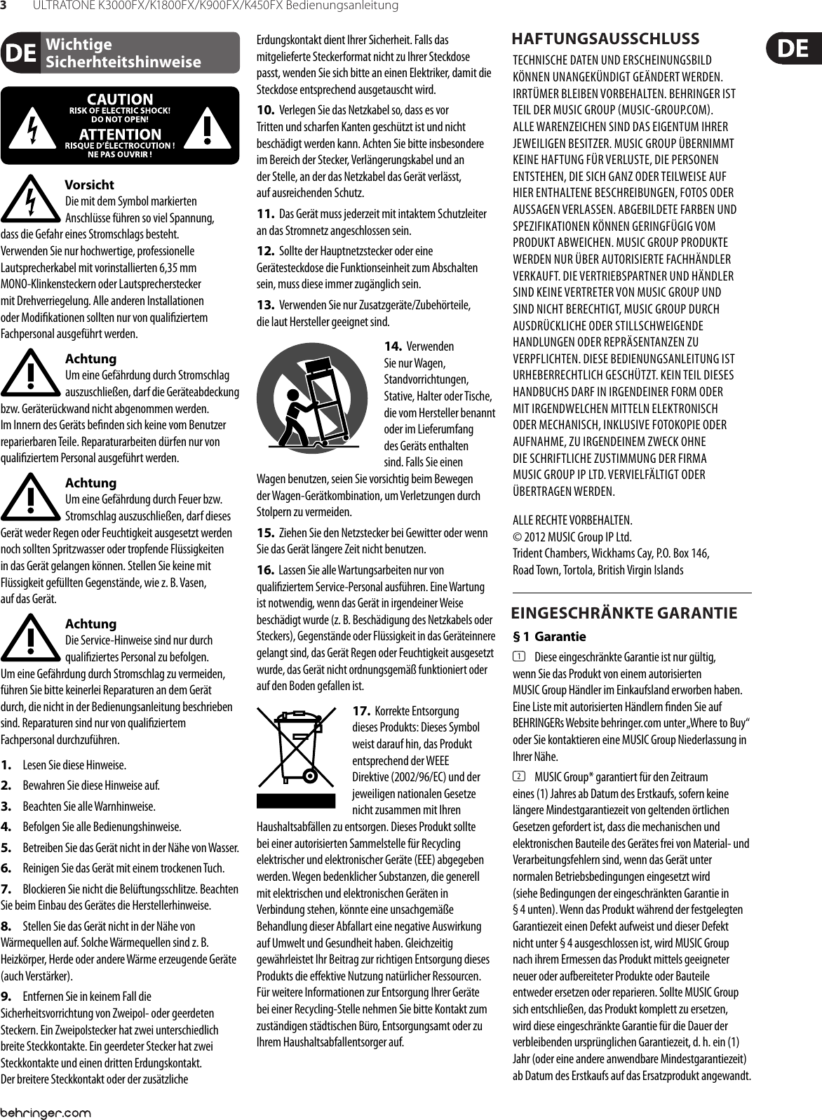 Page 3 of 10 - ULTRATONE K3000FX/K1800FX/K900FX/K450FX Behringer K1800FX User Manual (German) P0380 M De