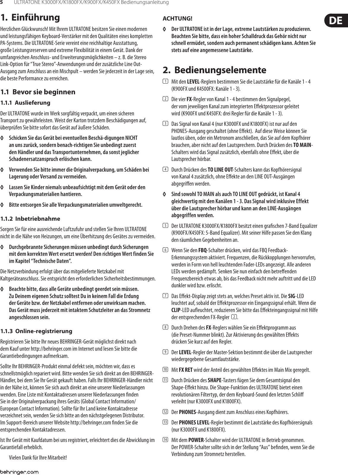 Page 5 of 10 - ULTRATONE K3000FX/K1800FX/K900FX/K450FX Behringer K1800FX User Manual (German) P0380 M De