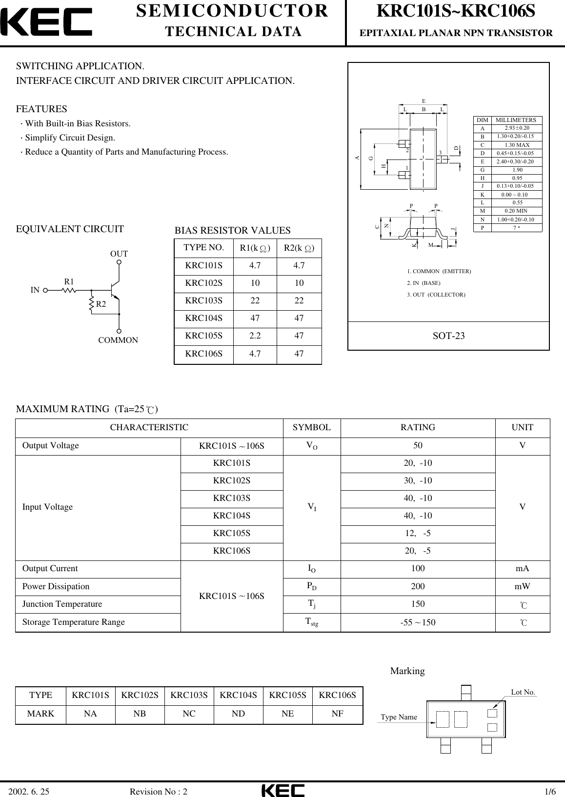 Page 1 of 7 - KRC101S-KRC106S - Datasheet. Www.s-manuals.com. R2 Kec