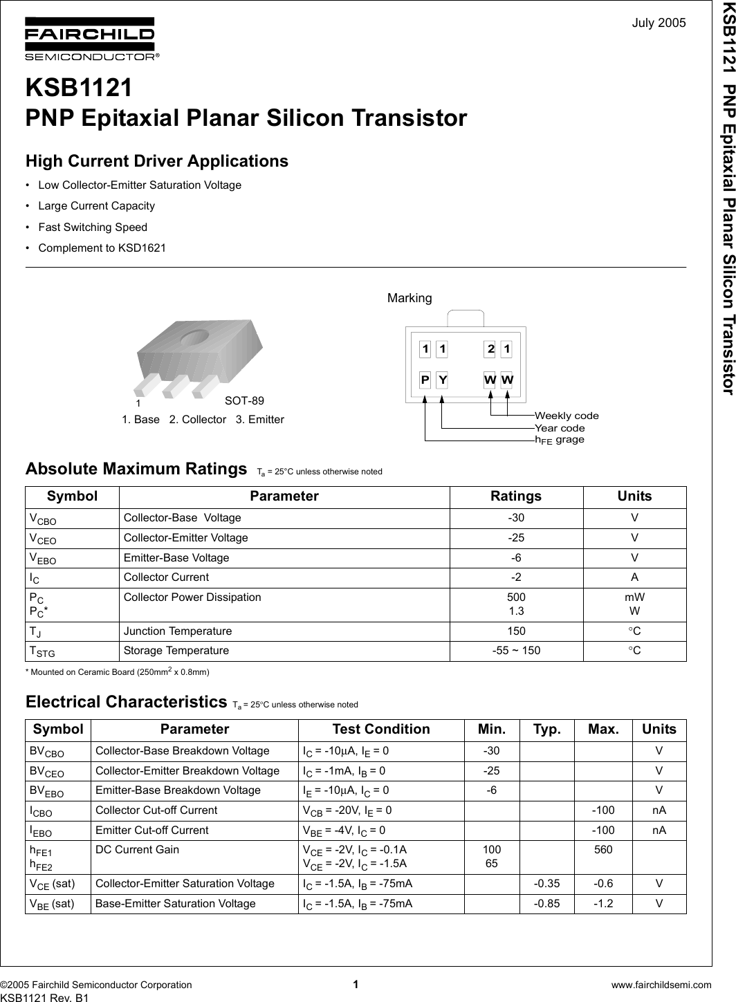 Page 1 of 6 - KSB1121 - Datasheet. Www.s-manuals.com. Fairchild