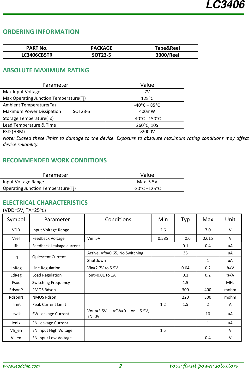 Page 2 of 8 - LC3406 - Datasheet. Www.s-manuals.com. Leadchip