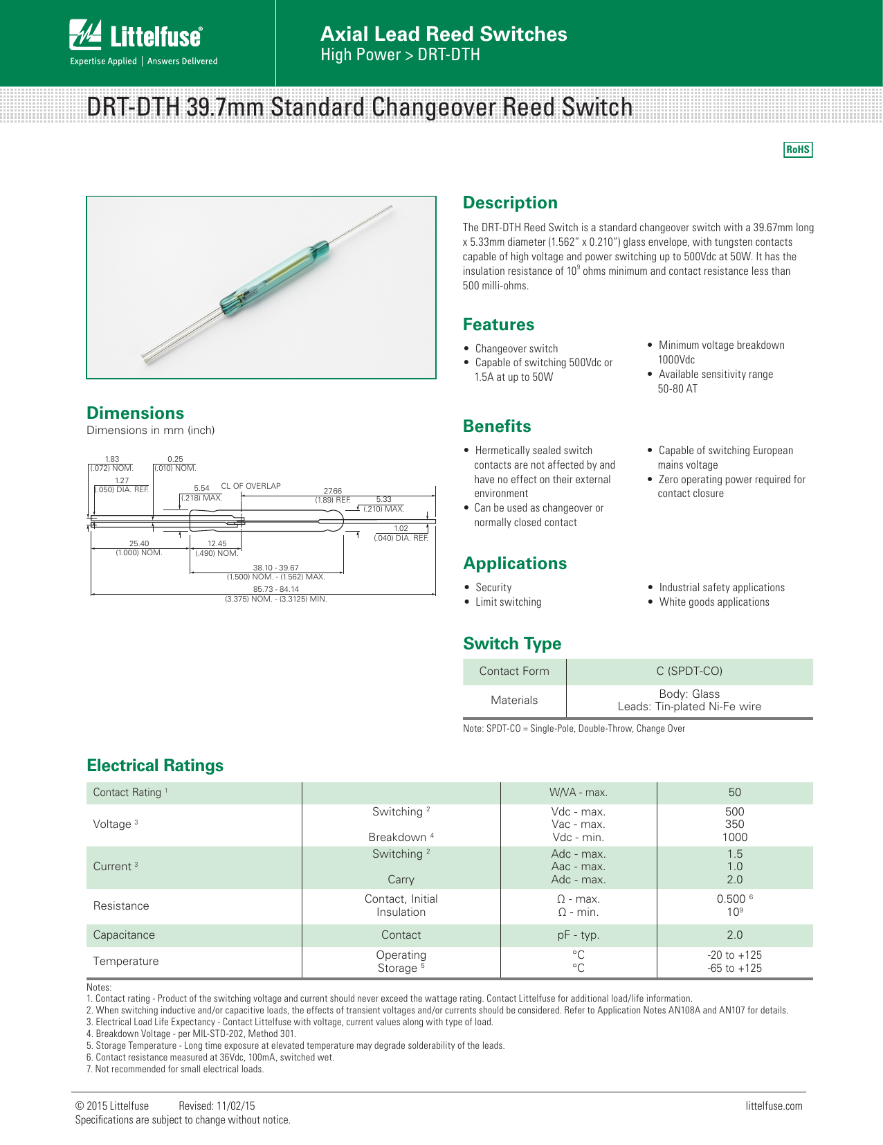 Page 1 of 2 - Littelfuse Reed Switches Drt-dth Datasheet