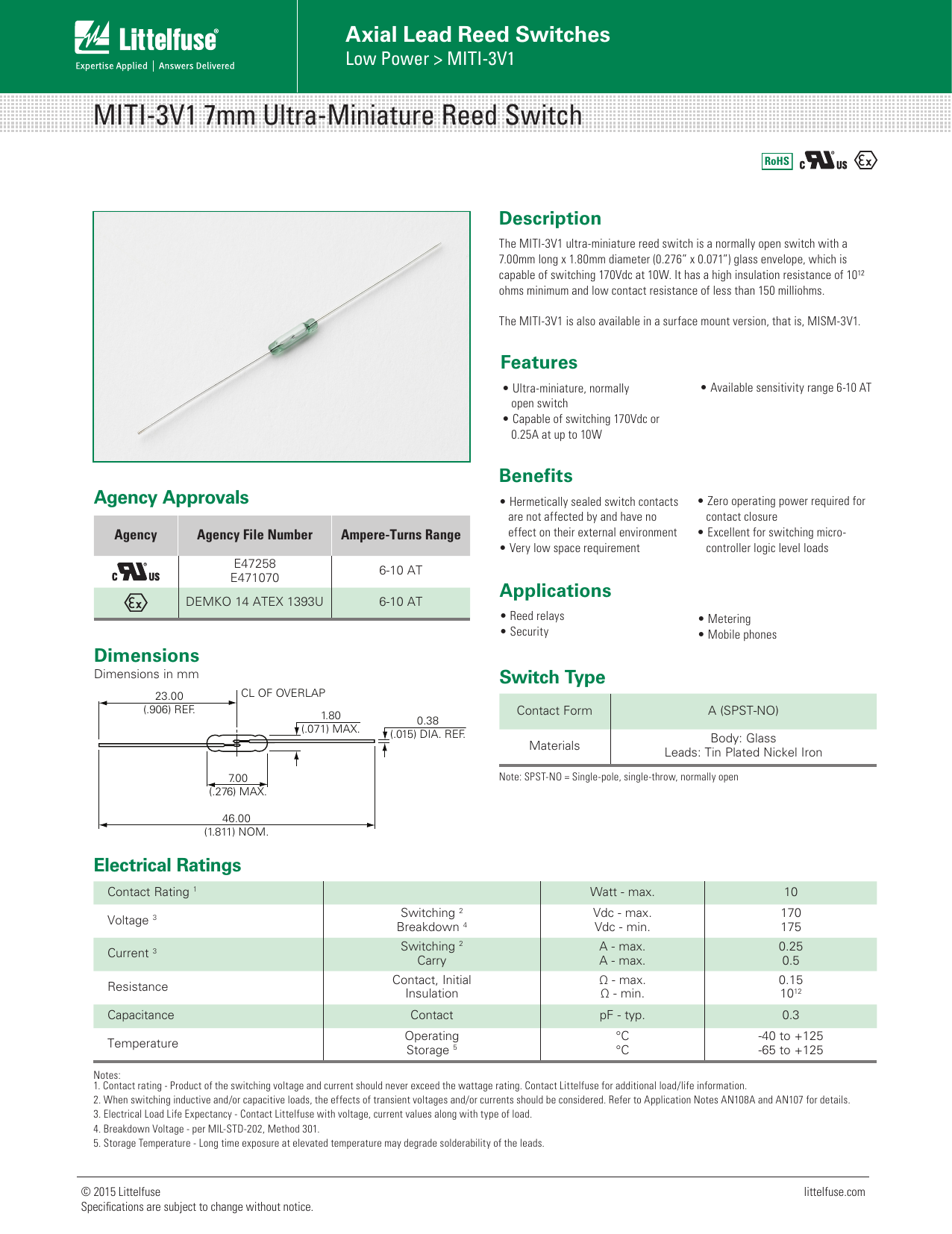 Page 1 of 2 - Littelfuse Reed Switches Miti-3v1 Datasheet