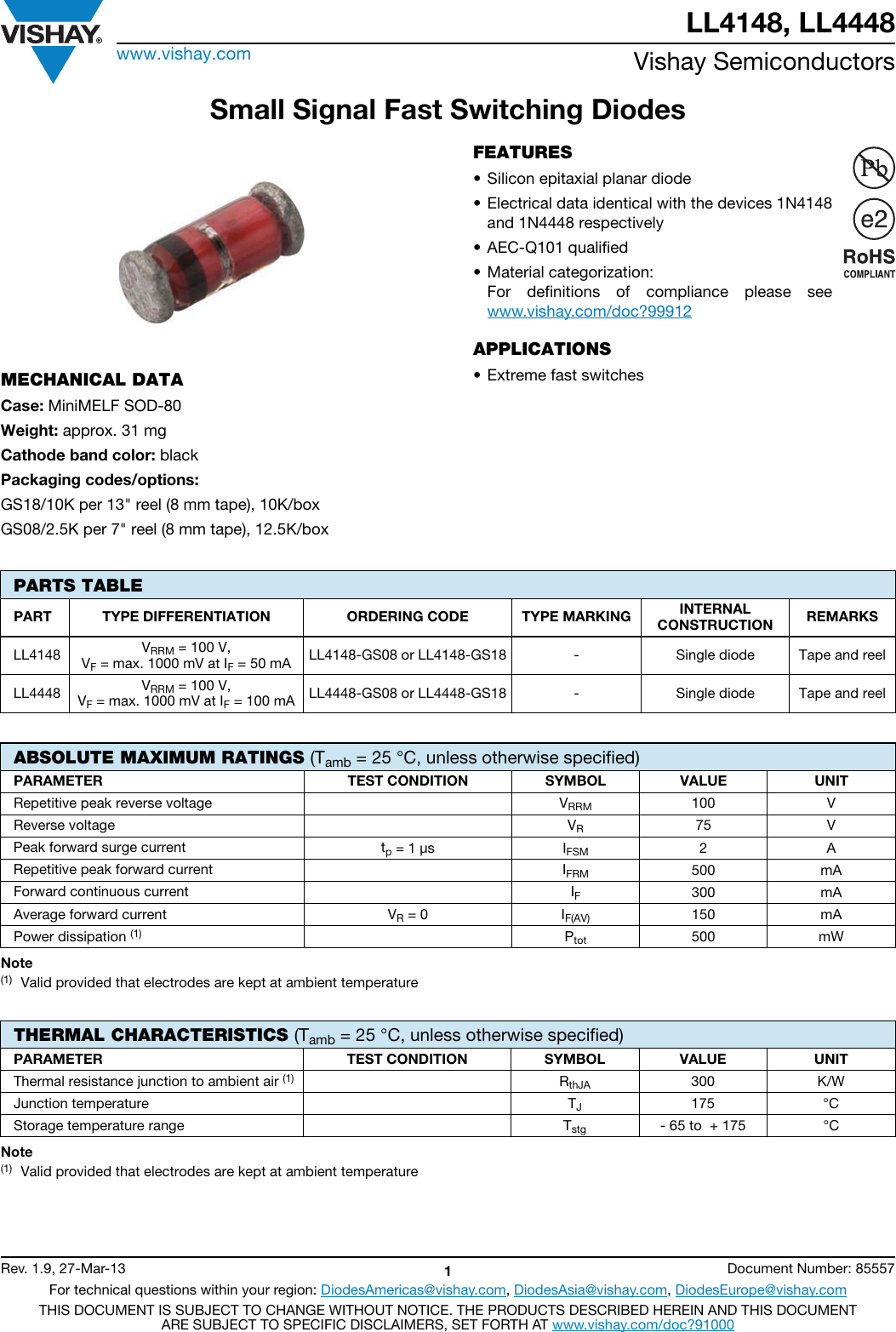 Page 1 of 5 - LL4148, LL4448 - Datasheet. Www.s-manuals.com. Vishay