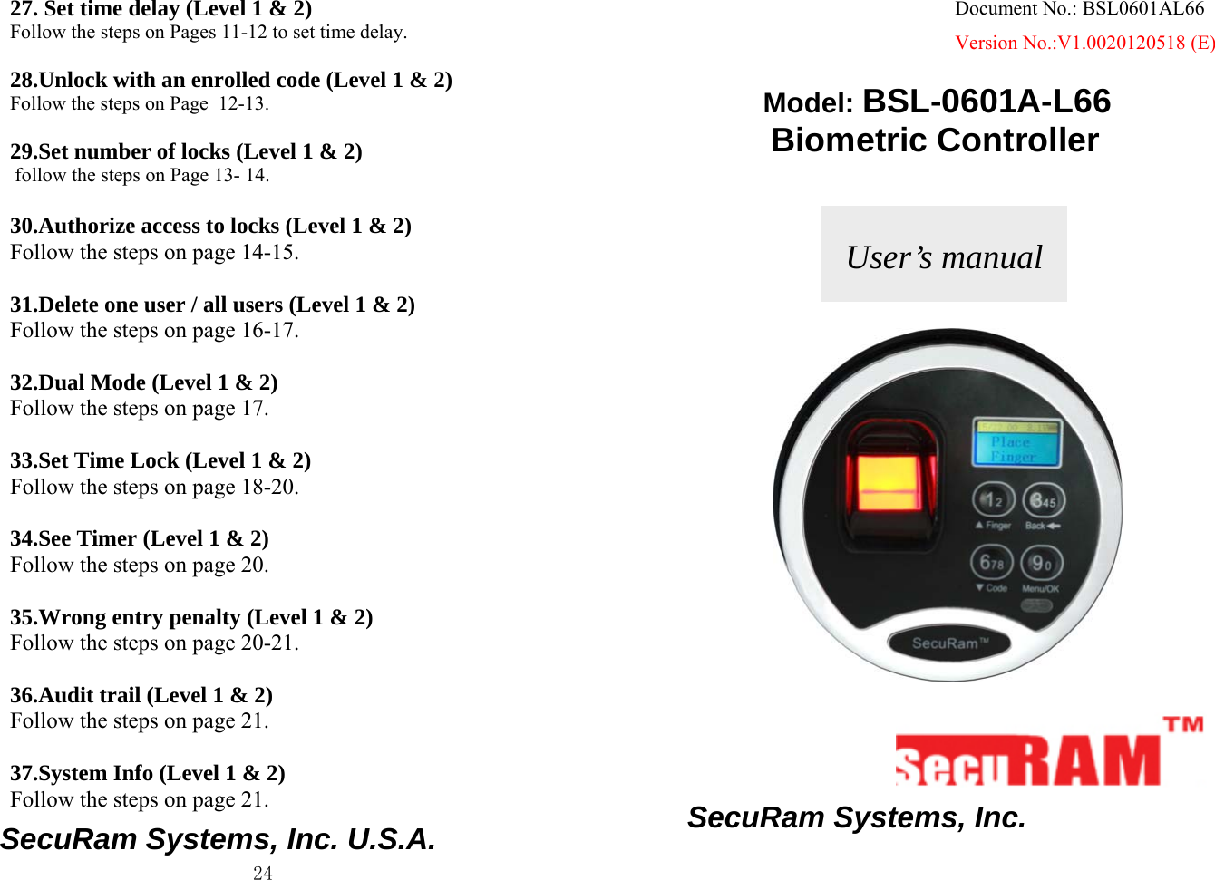 Page 1 of 12 - BSL-0601A-L66  Lock4035-manual