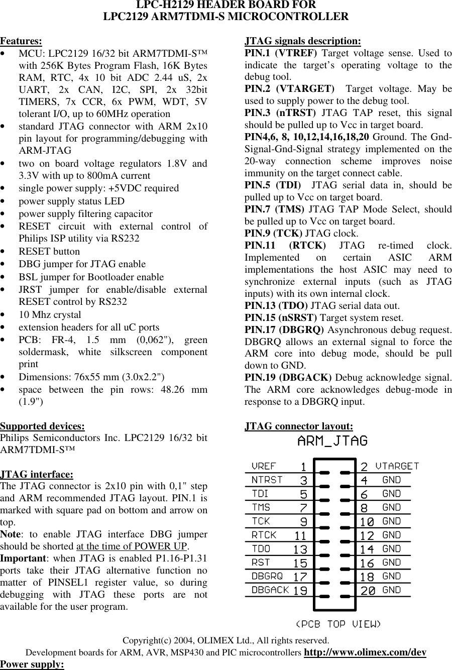 Page 1 of 3 - LPC-H2129 HEADER BOARD FOR LPC2129 ARM MICROCONTROLLER