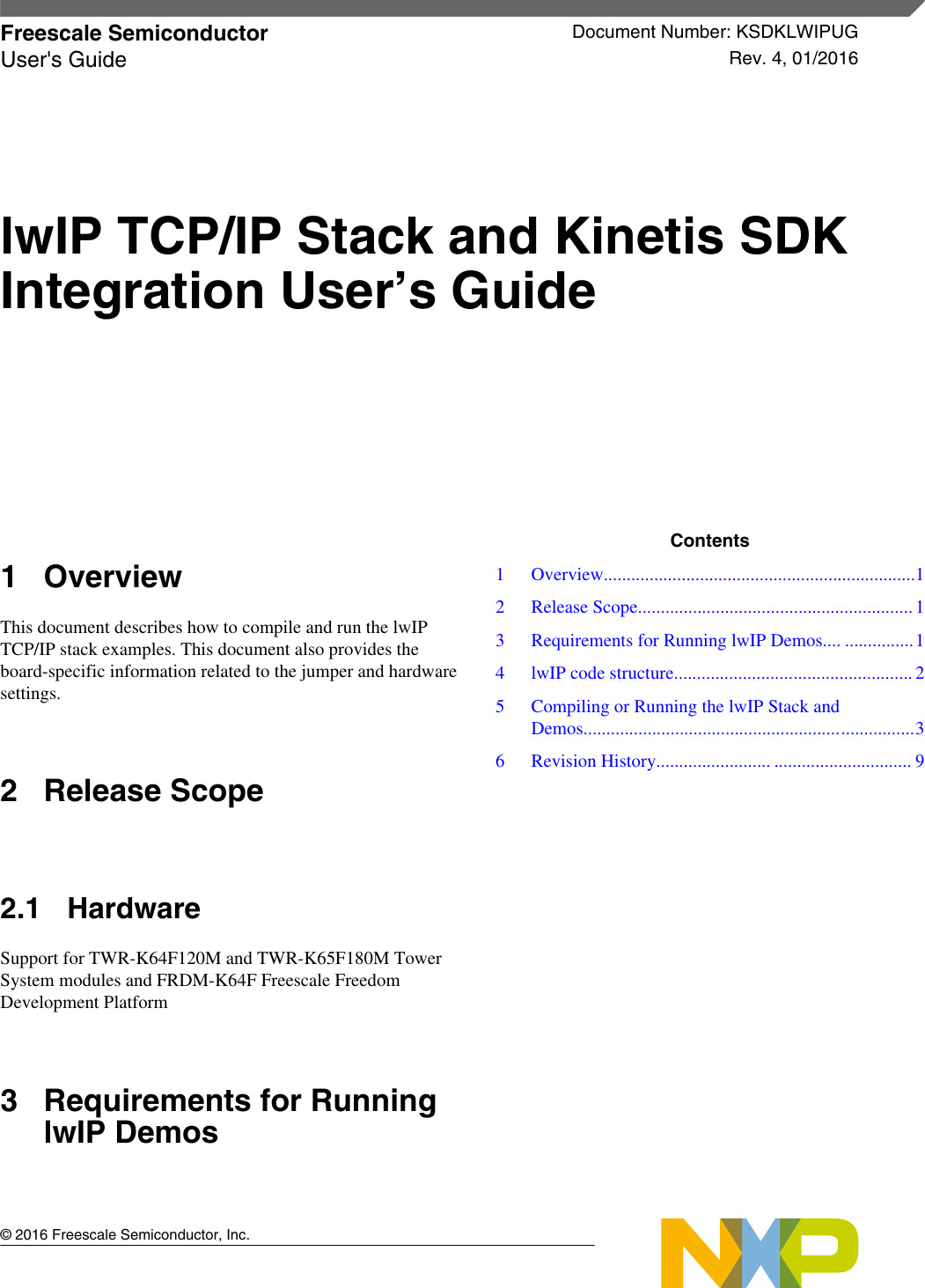 Page 1 of 11 - LwIP TCP/IP Stack And Kinetis SDK Integration User’s Guide Lw IP TCPIP User's