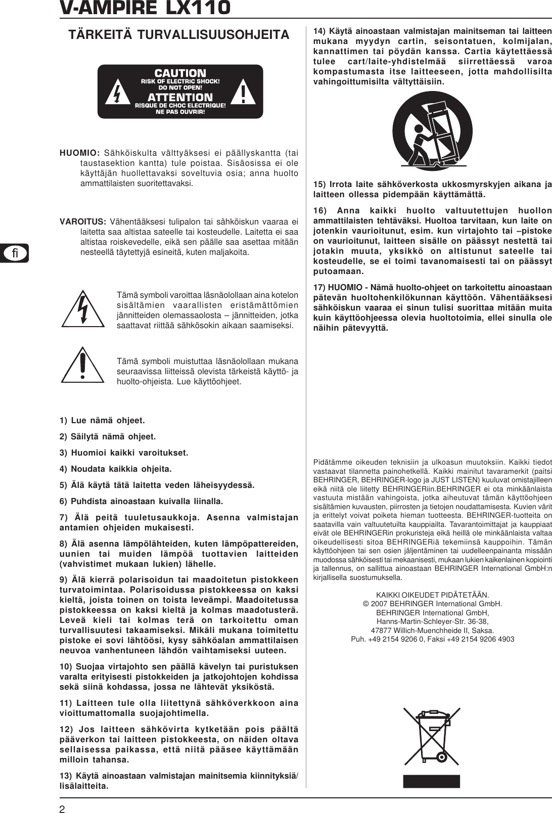Page 2 of 12 - DATA-MANSHRT_LX110_FIN_Rev_A.pmd Behringer LX110-GY User Manual (Finnish) P0341 M Fi