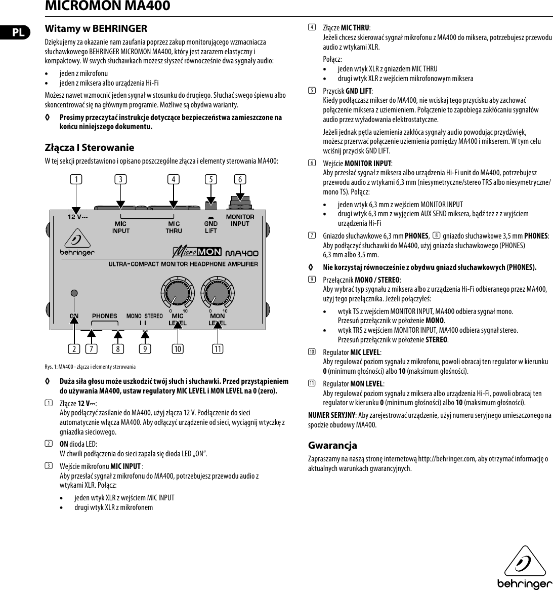 Page 1 of 2 - MICROMON MA400 Behringer User Manual (Polish) M Pl