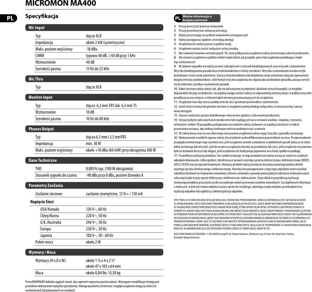 Page 2 of 2 - MICROMON MA400 Behringer User Manual (Polish) M Pl
