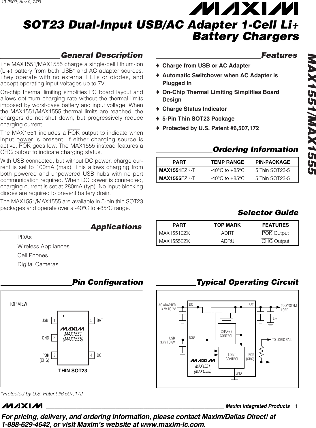Page 1 of 9 - MAX1551, MAX1555 - Datasheet. Www.s-manuals.com. R0 Maxim