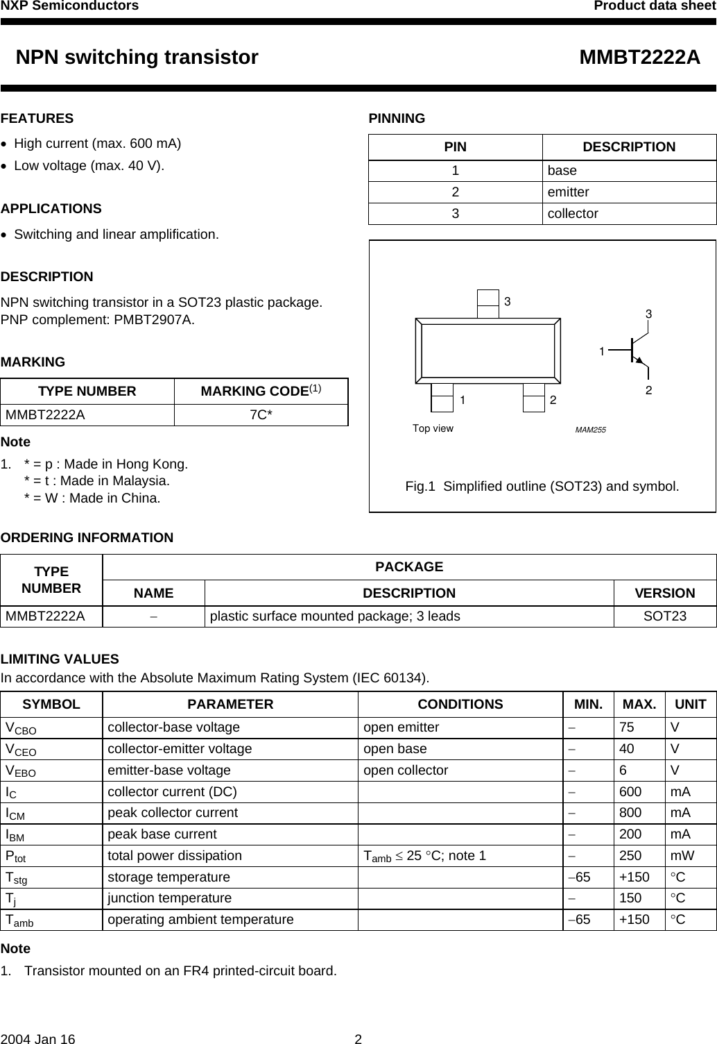 Page 2 of 8 - MMBT2222A - Datasheet. Www.s-manuals.com. Nxp