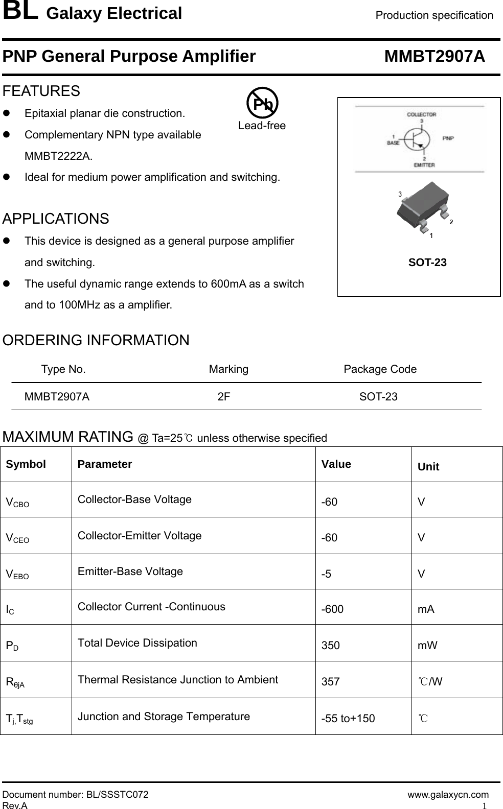 Page 1 of 5 - MMBT2907A - Datasheet. Www.s-manuals.com. Galaxy