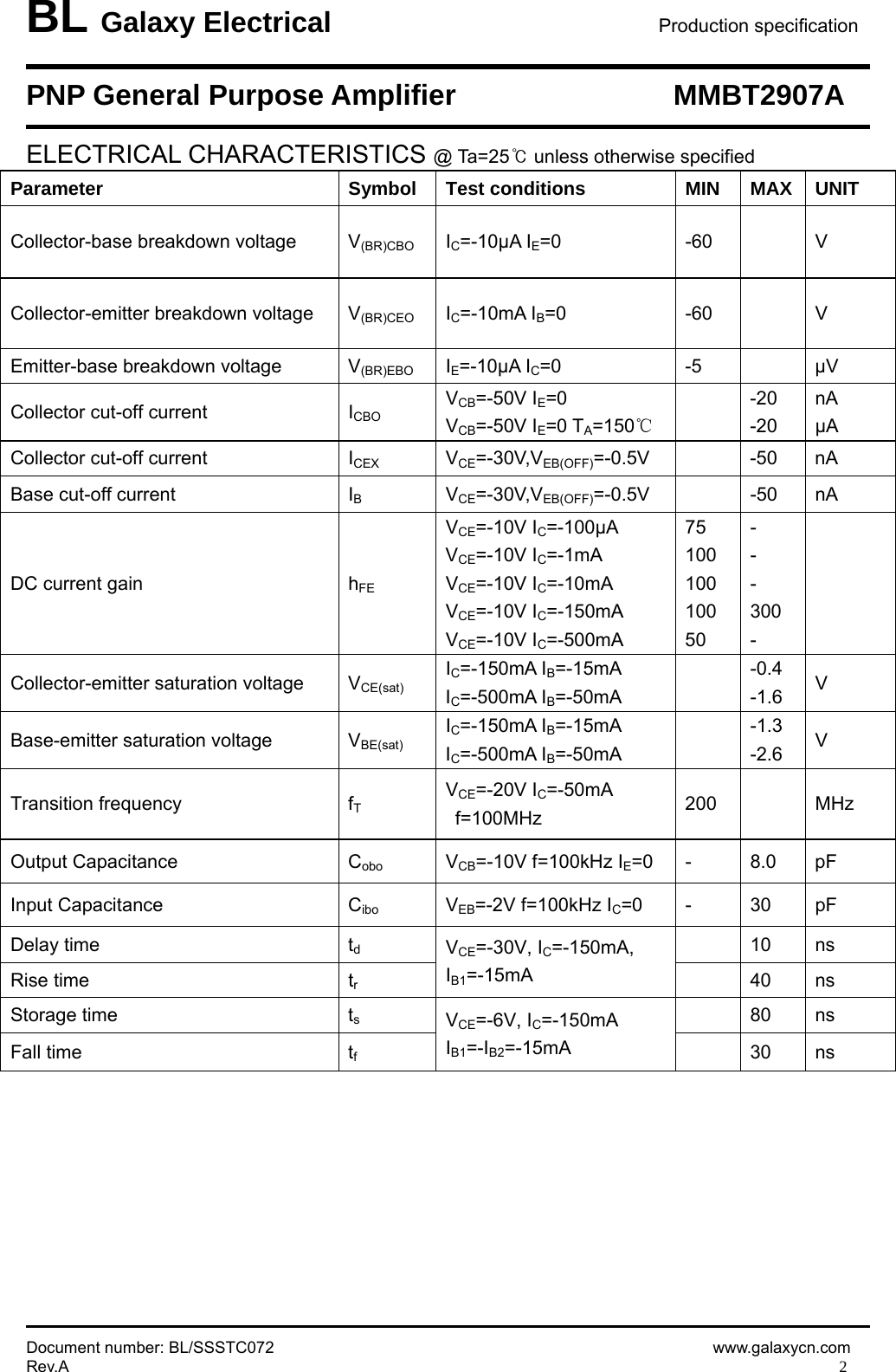 Page 2 of 5 - MMBT2907A - Datasheet. Www.s-manuals.com. Galaxy