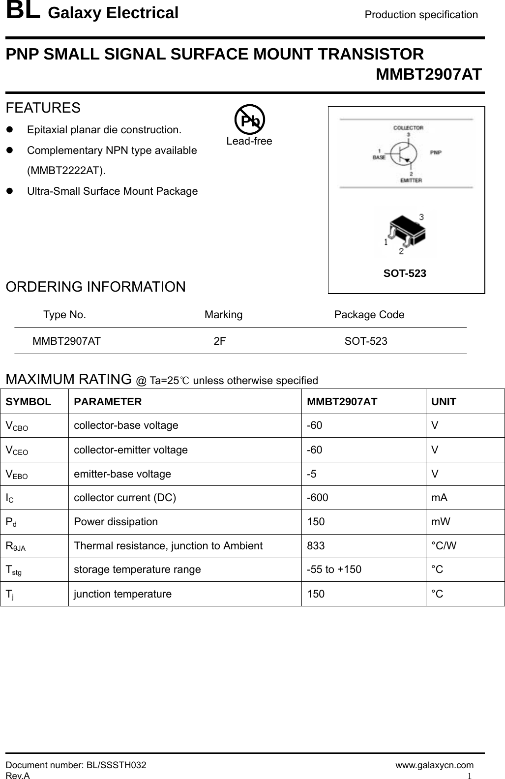 Page 1 of 5 - MMBT2907AT - Datasheet. Www.s-manuals.com. Galaxy