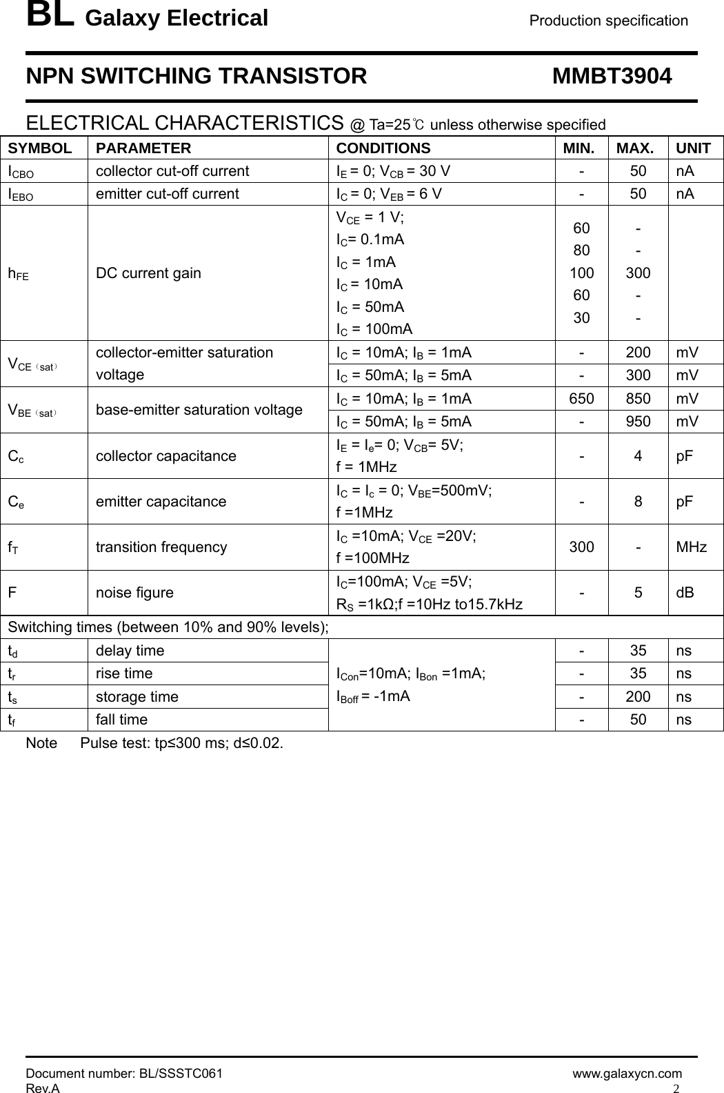 Page 2 of 5 - MMBT3904 - Datasheet. Www.s-manuals.com. Galaxy