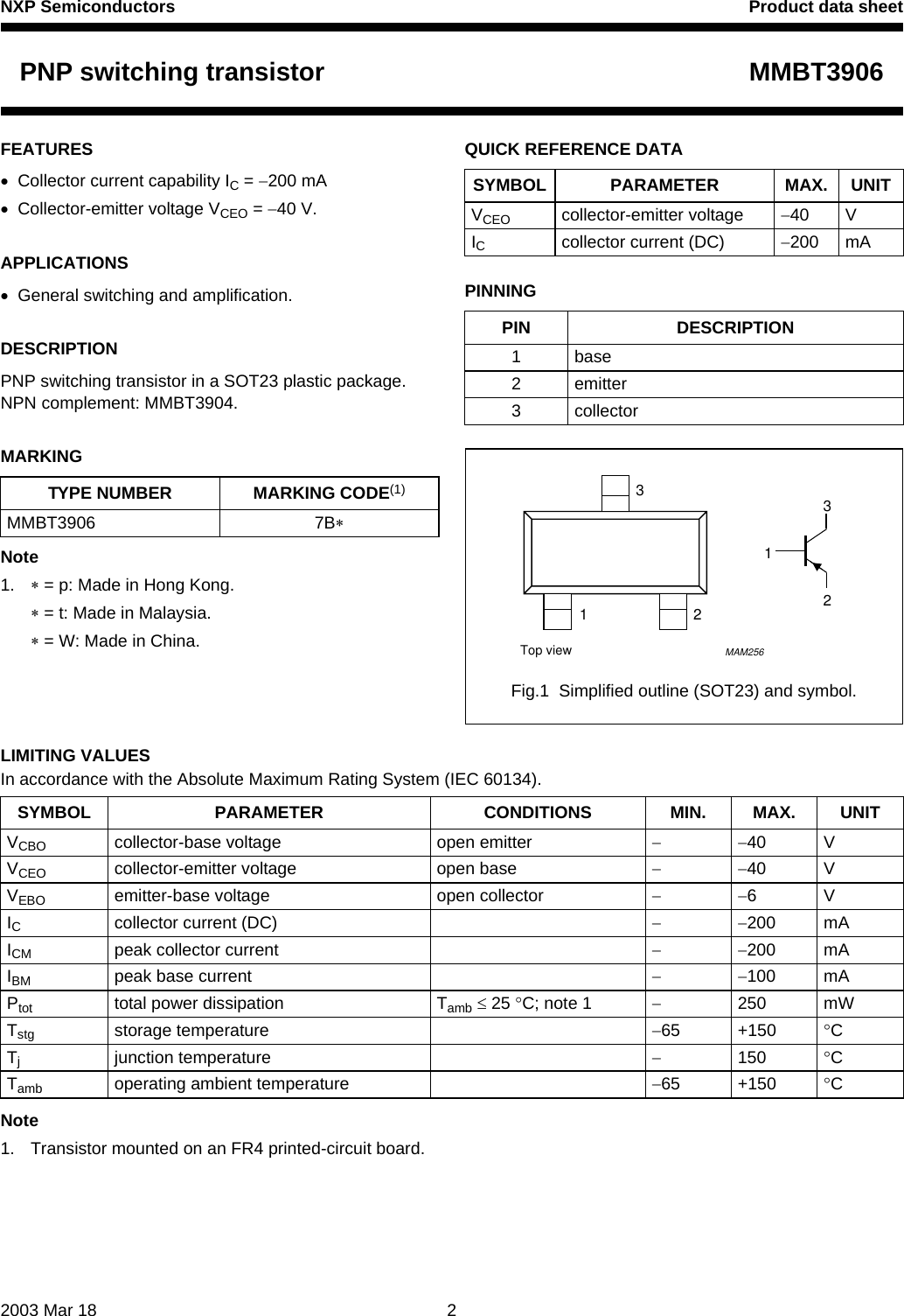 Page 2 of 8 - MMBT3906 PNP Switching Transistor Nxp