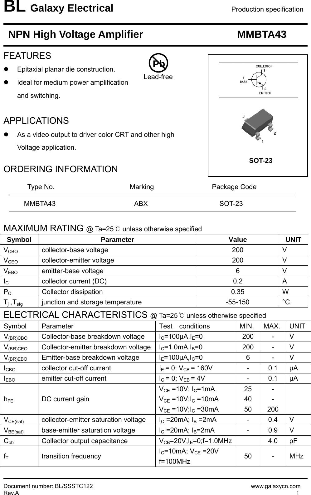 Page 1 of 4 - MMBTA43 - Datasheet. Www.s-manuals.com. Galaxy