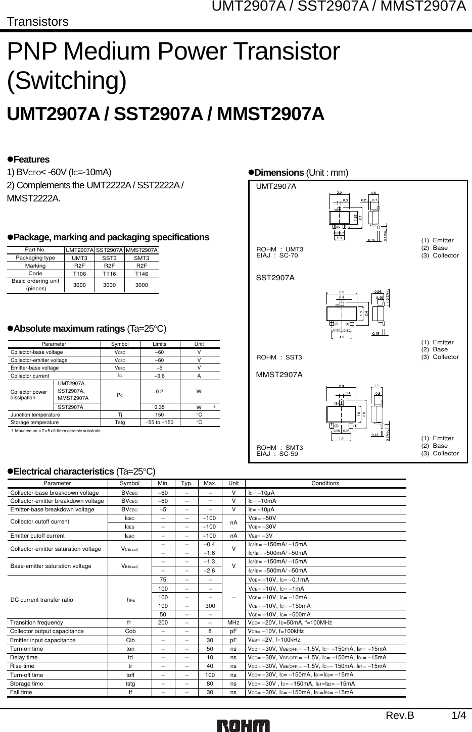 Page 1 of 6 - MMST2907A, SST2907A, UMT2907A - Datasheet. Www.s-manuals.com. Rohm