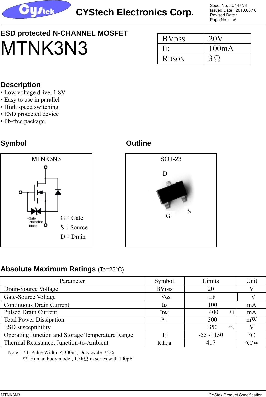 Page 1 of 7 - MTNK3N3 - Datasheet. Www.s-manuals.com. Cystek