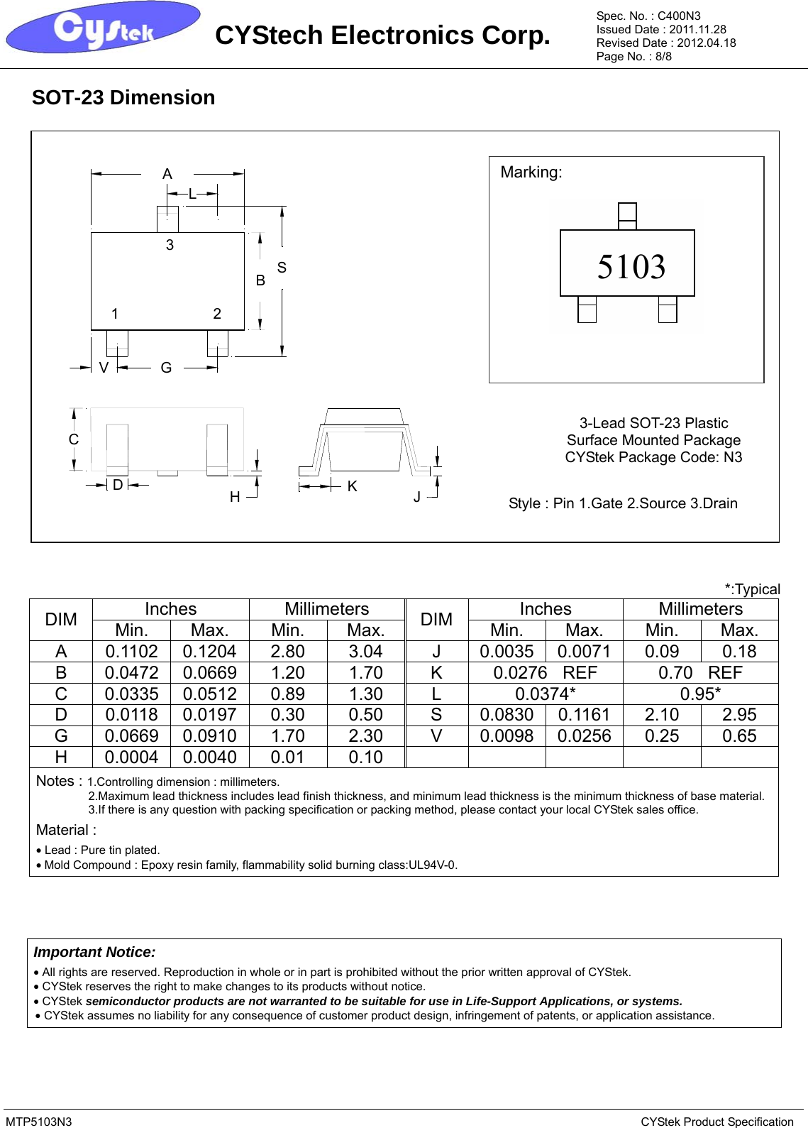 Page 8 of 9 - MTP5103N3 - Datasheet. Www.s-manuals.com. Cystek