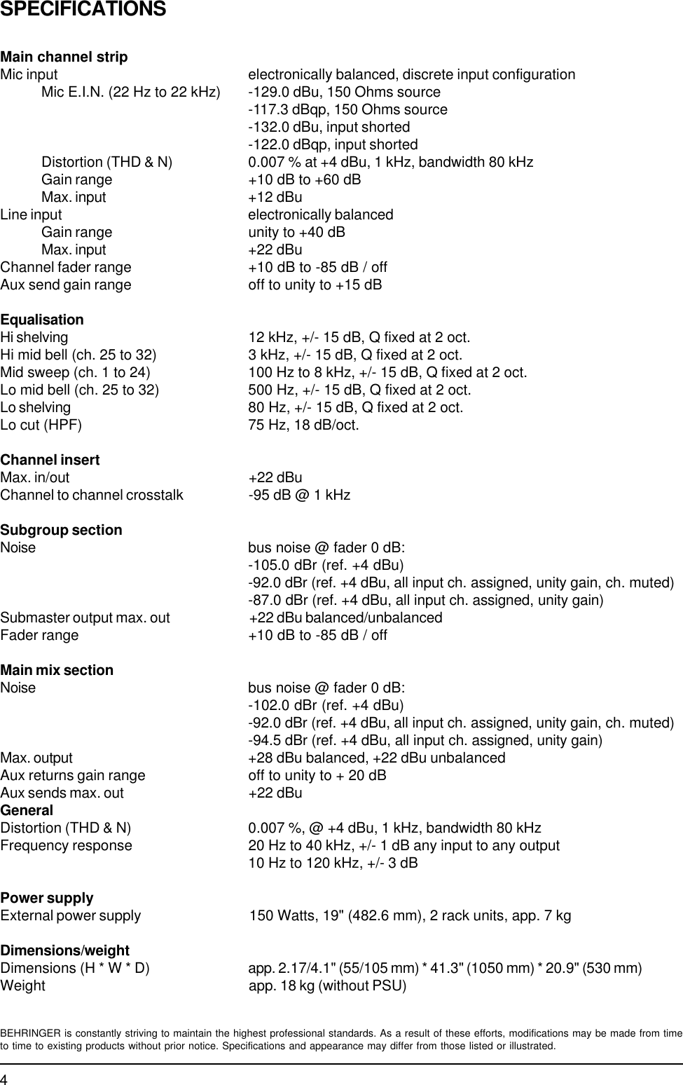 Page 4 of 5 - EURODESK MX3282A Behringer Specification Sheet P0029 S En