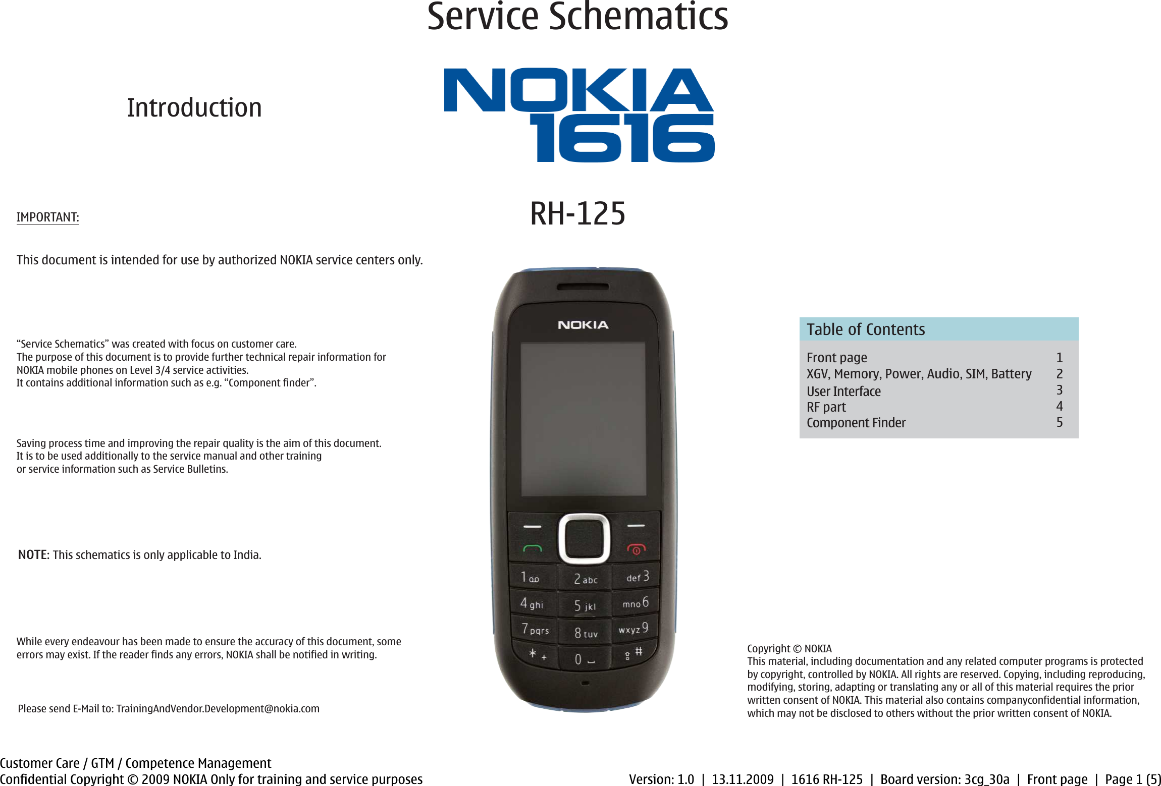 Page 1 of 6 - Nokia 1616 RH-125 - Service Schematics. Www.s-manuals.com. Schematics V1.0