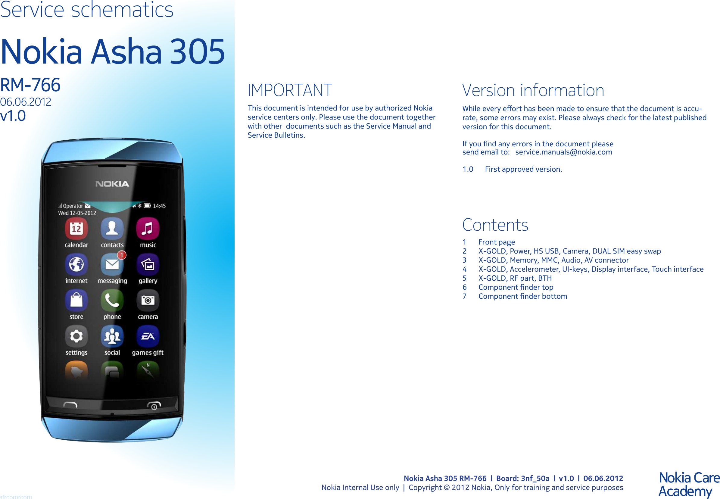 Page 1 of 8 - Nokia Asha 305 - Service Schematics. Www.s-manuals.com. Rm-766 Schematics V1.0