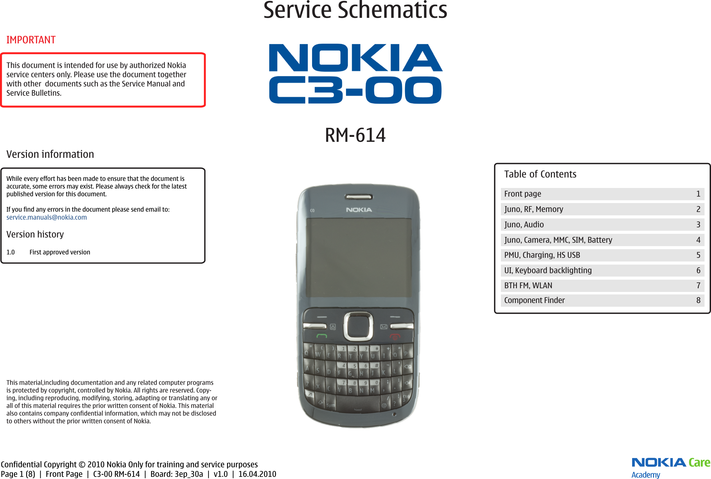 Page 1 of 8 - Nokia C3-00 RM-614 Service Schematics V1.0