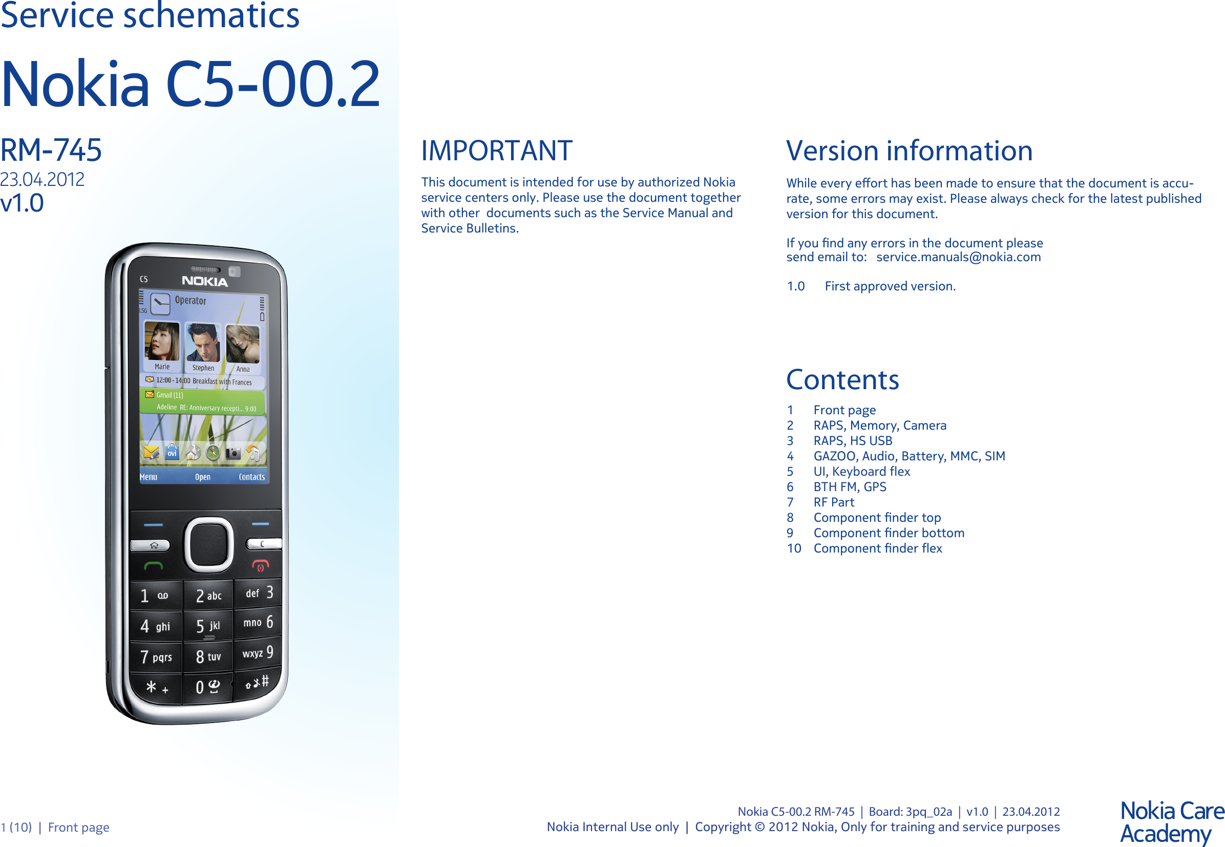 Page 1 of 11 - Nokia C5-00.2 RM-745 - Service Schematics. Www.s-manuals.com. Schematics V1.0