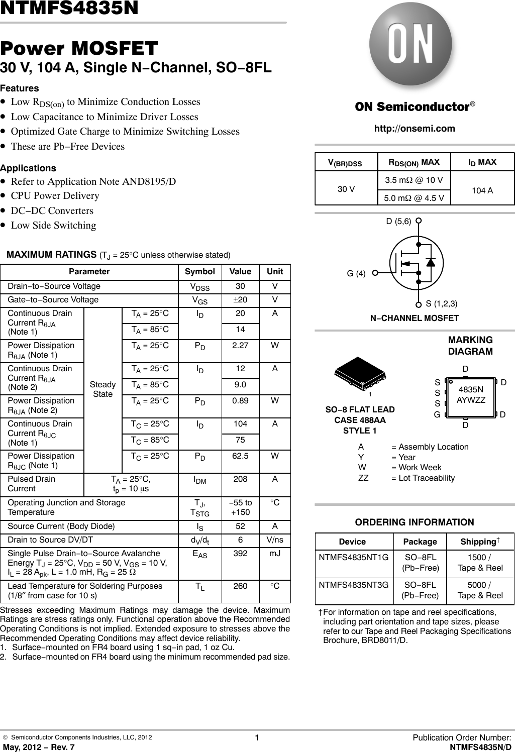 Page 1 of 8 - NTMFS4835N - Datasheet. Www.s-manuals.com. R7 On