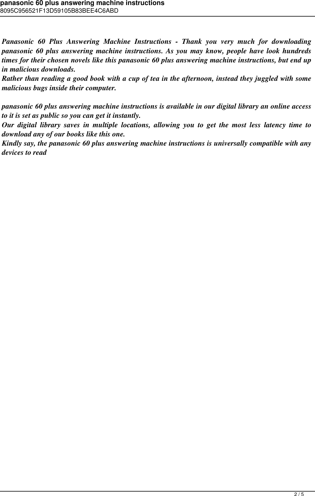 Page 2 of 5 - Panasonic 60 Plus Answering Machine Instructions