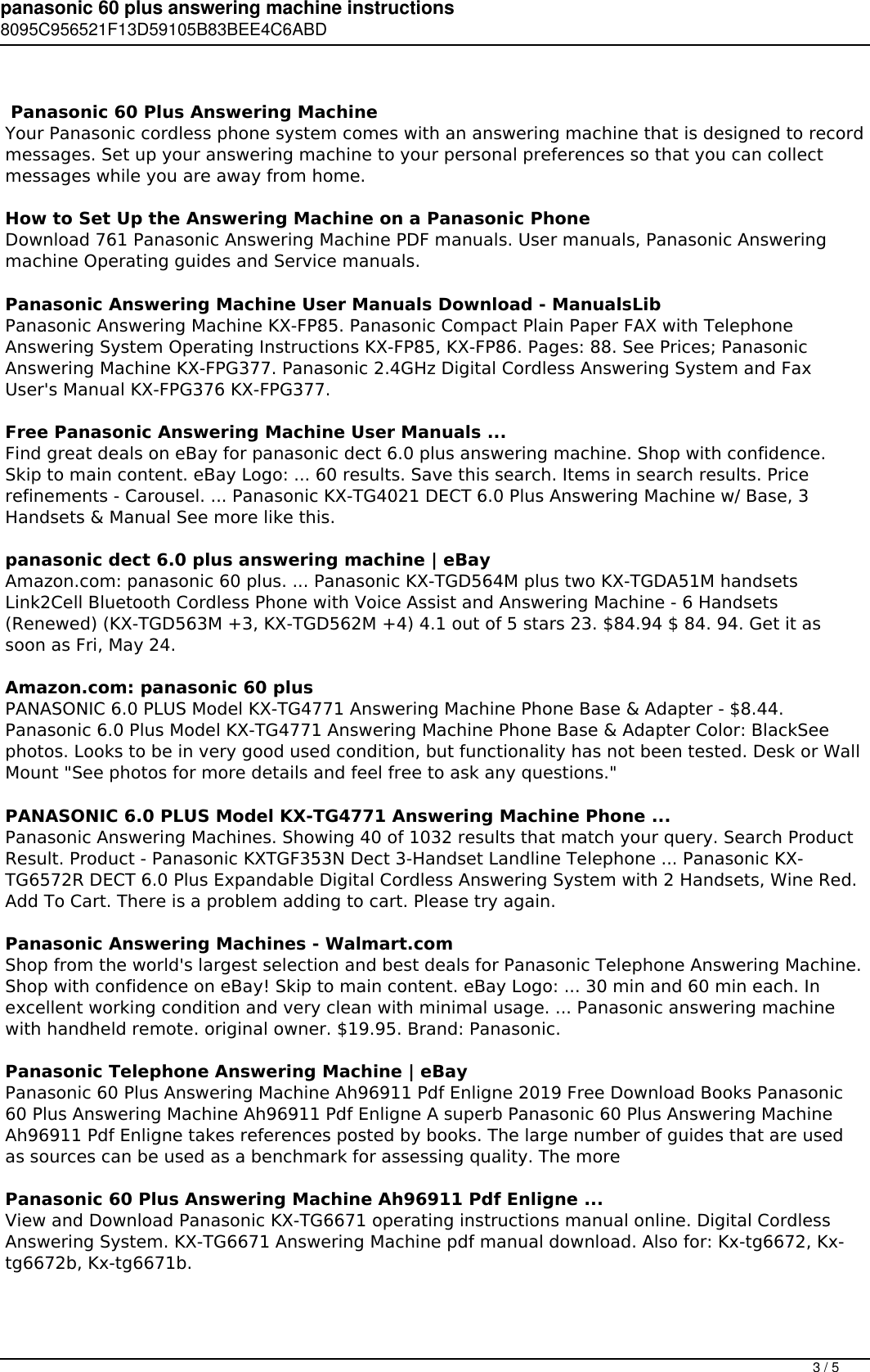 Page 3 of 5 - Panasonic 60 Plus Answering Machine Instructions