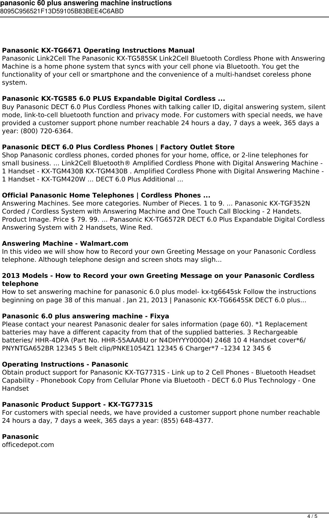 Page 4 of 5 - Panasonic 60 Plus Answering Machine Instructions