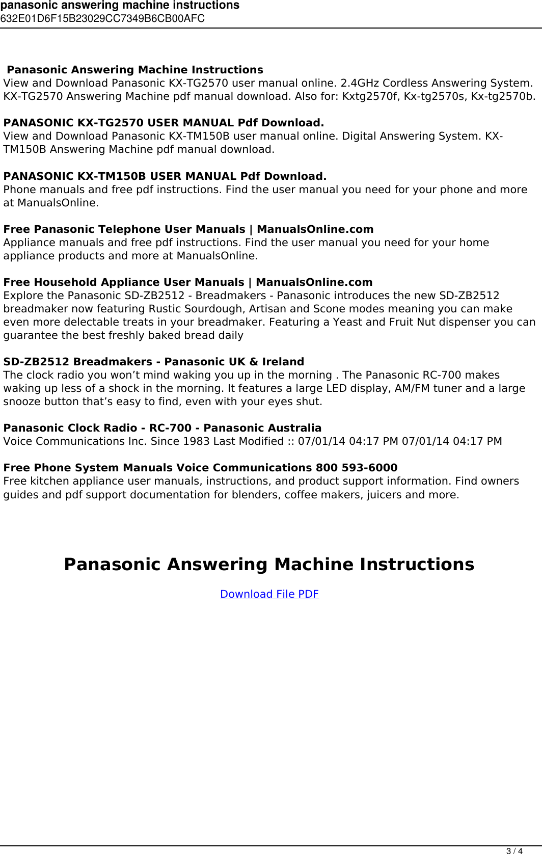 Page 3 of 4 - Panasonic Answering Machine Instructions