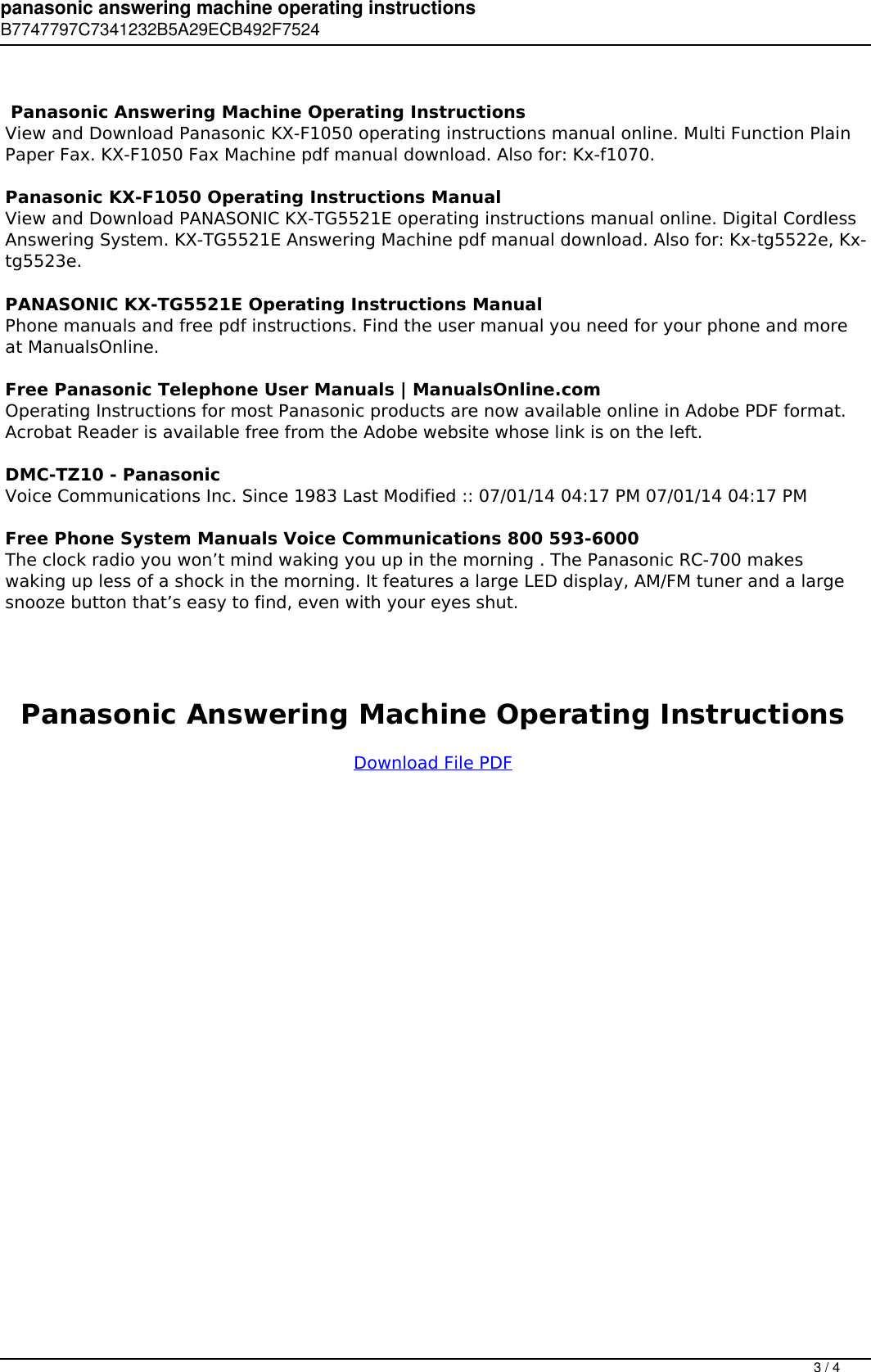 Panasonic Answering Machine Operating Instructions