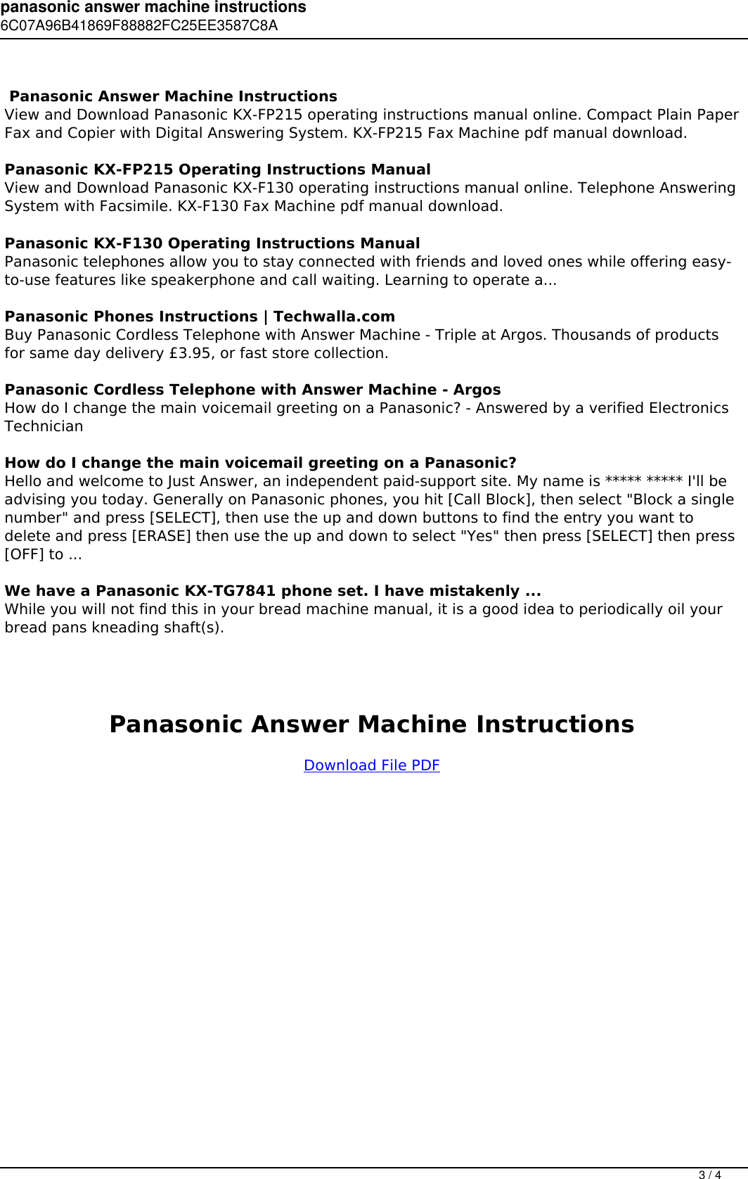 Page 3 of 4 - Panasonic Answer Machine Instructions