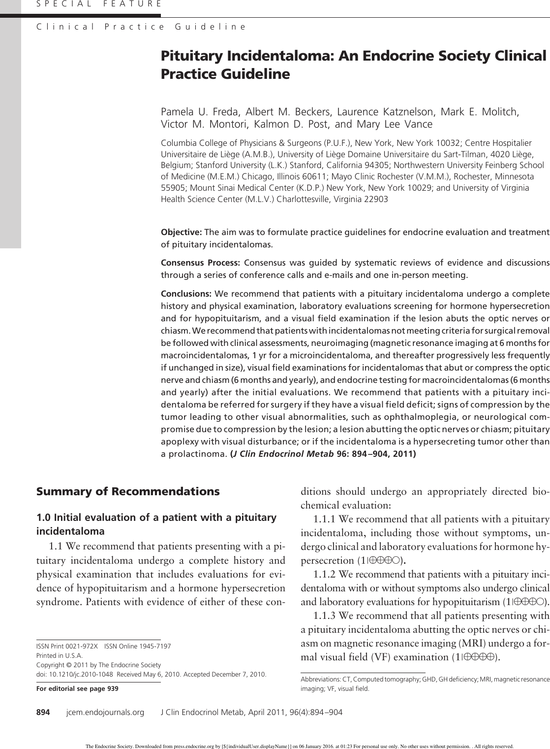 Page 1 of 11 - Pituitary Incidentaloma: An Endocrine Society Clinical Practice Guideline Incidentaloma Guide 2011
