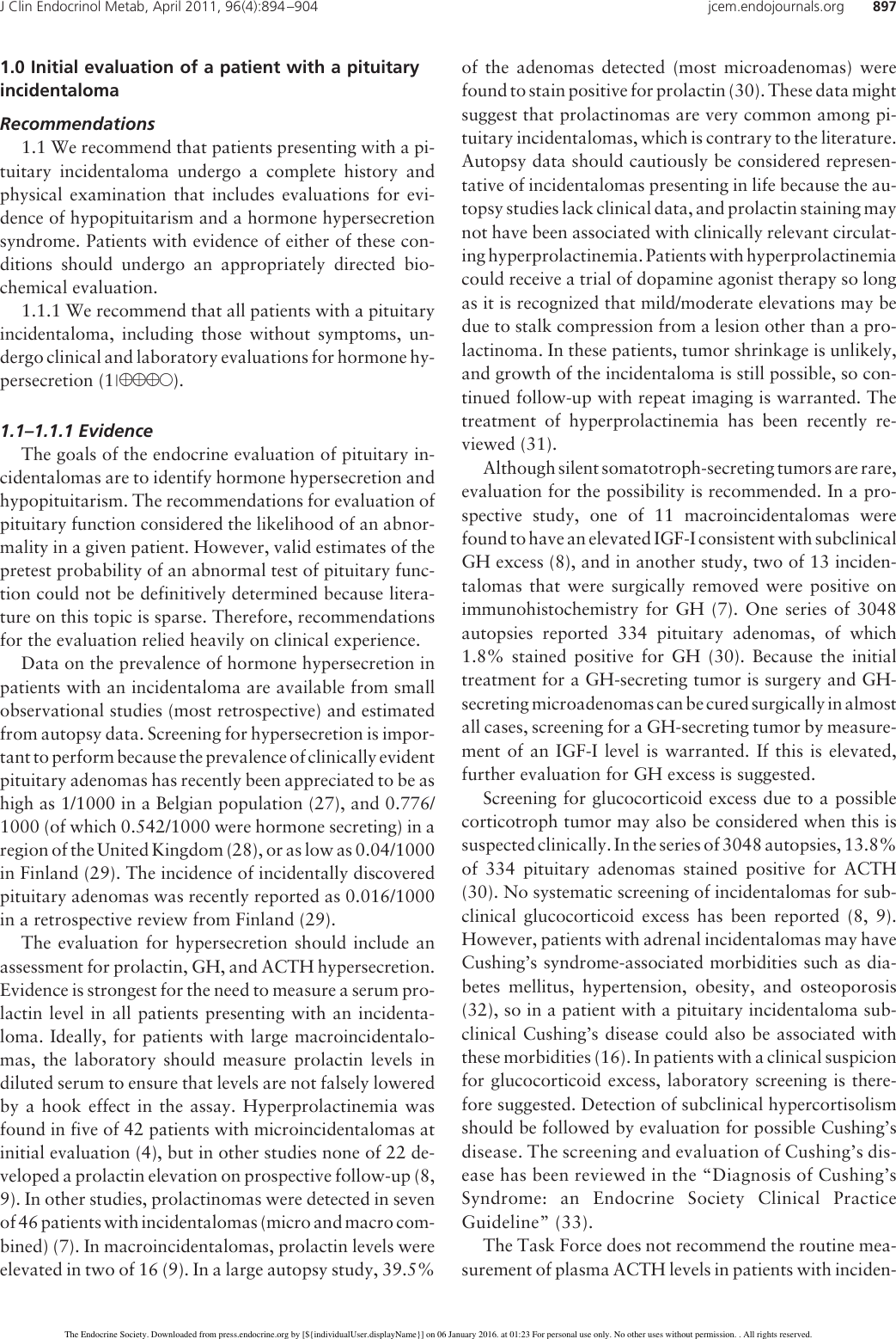 Page 4 of 11 - Pituitary Incidentaloma: An Endocrine Society Clinical Practice Guideline Incidentaloma Guide 2011
