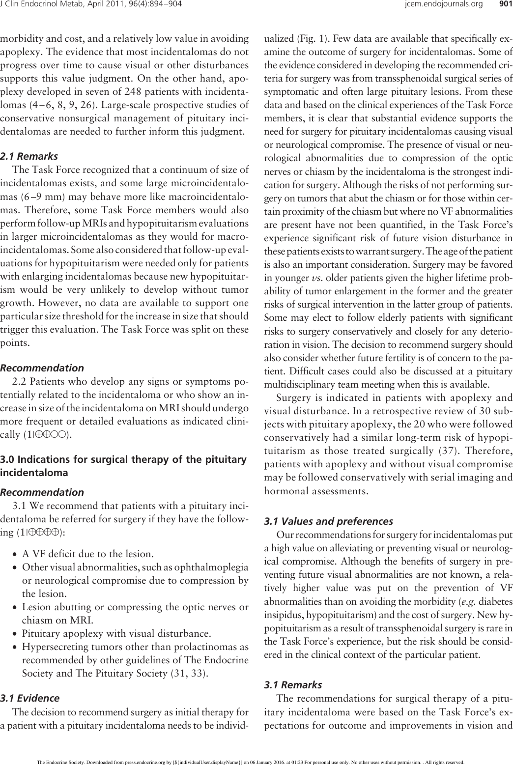 Page 8 of 11 - Pituitary Incidentaloma: An Endocrine Society Clinical Practice Guideline Incidentaloma Guide 2011