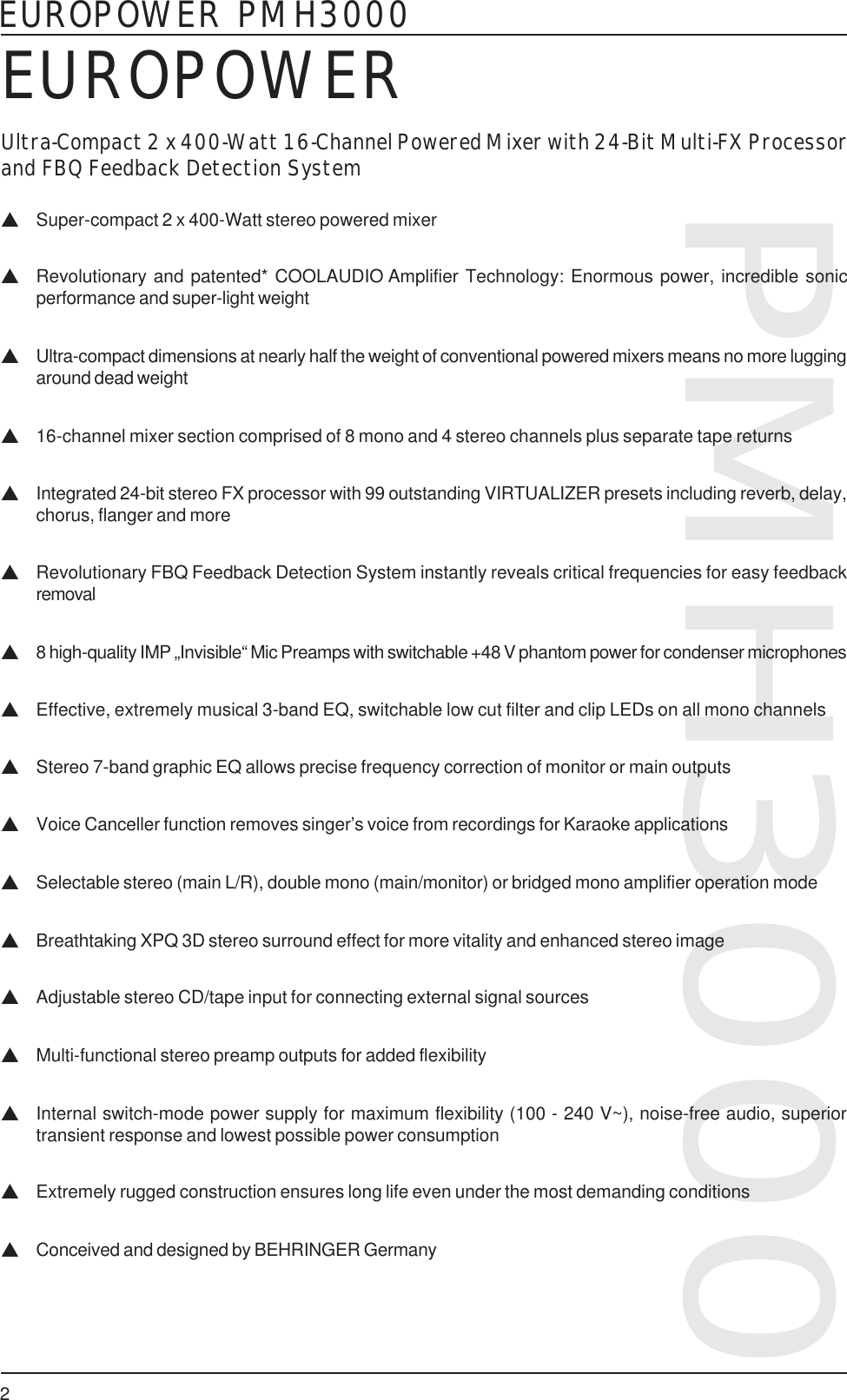 Page 2 of 4 - Behringer PMH3000 Specification Sheet P0229 S En