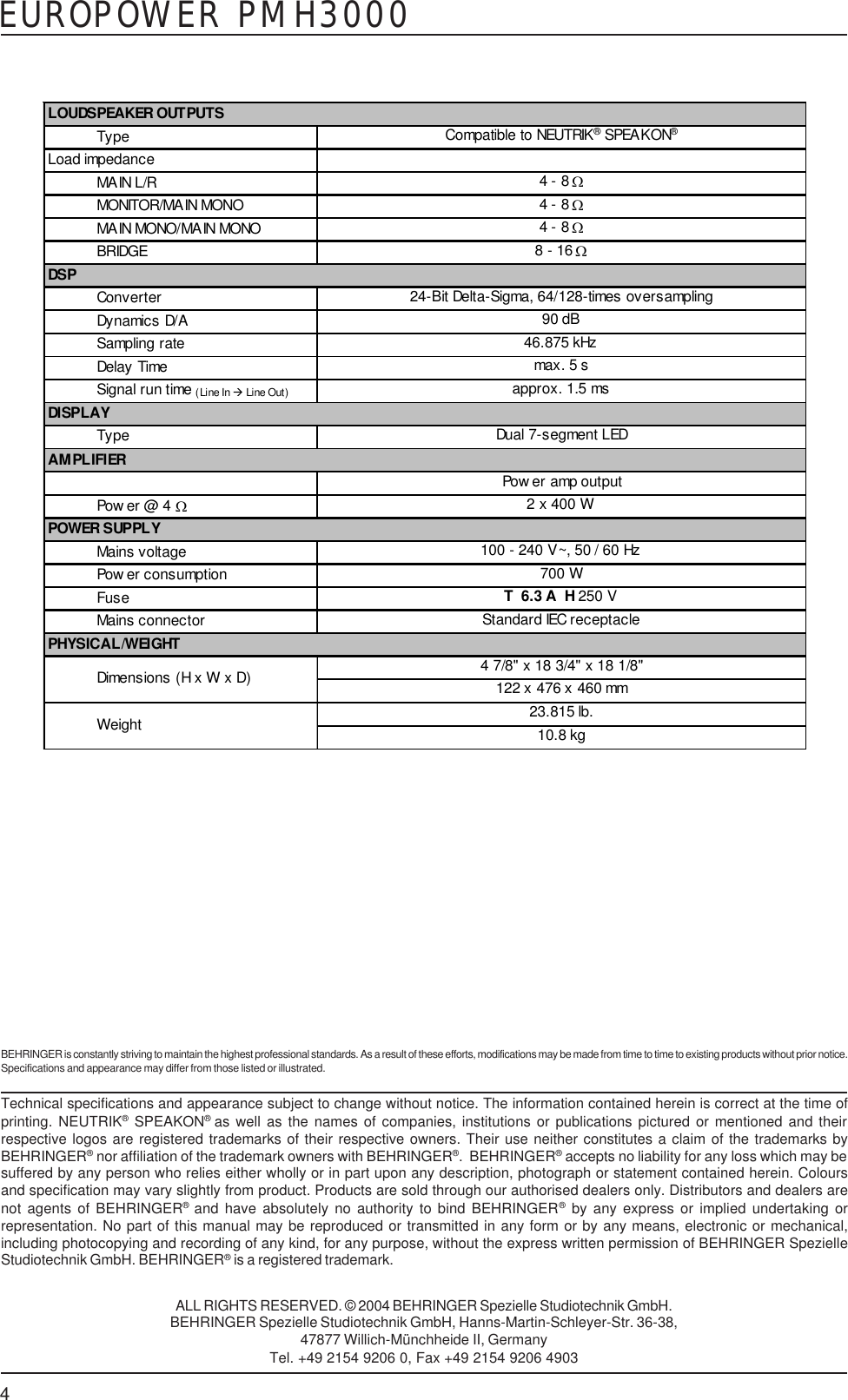 Page 4 of 4 - Behringer PMH3000 Specification Sheet P0229 S En
