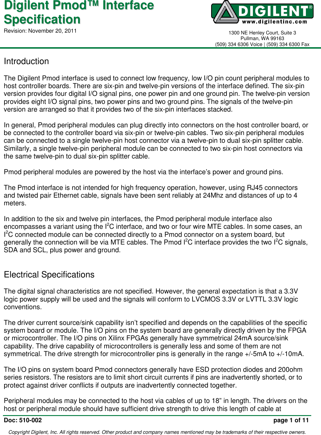 Page 1 of 11 - Digilent Pmod Interface Specification Manual