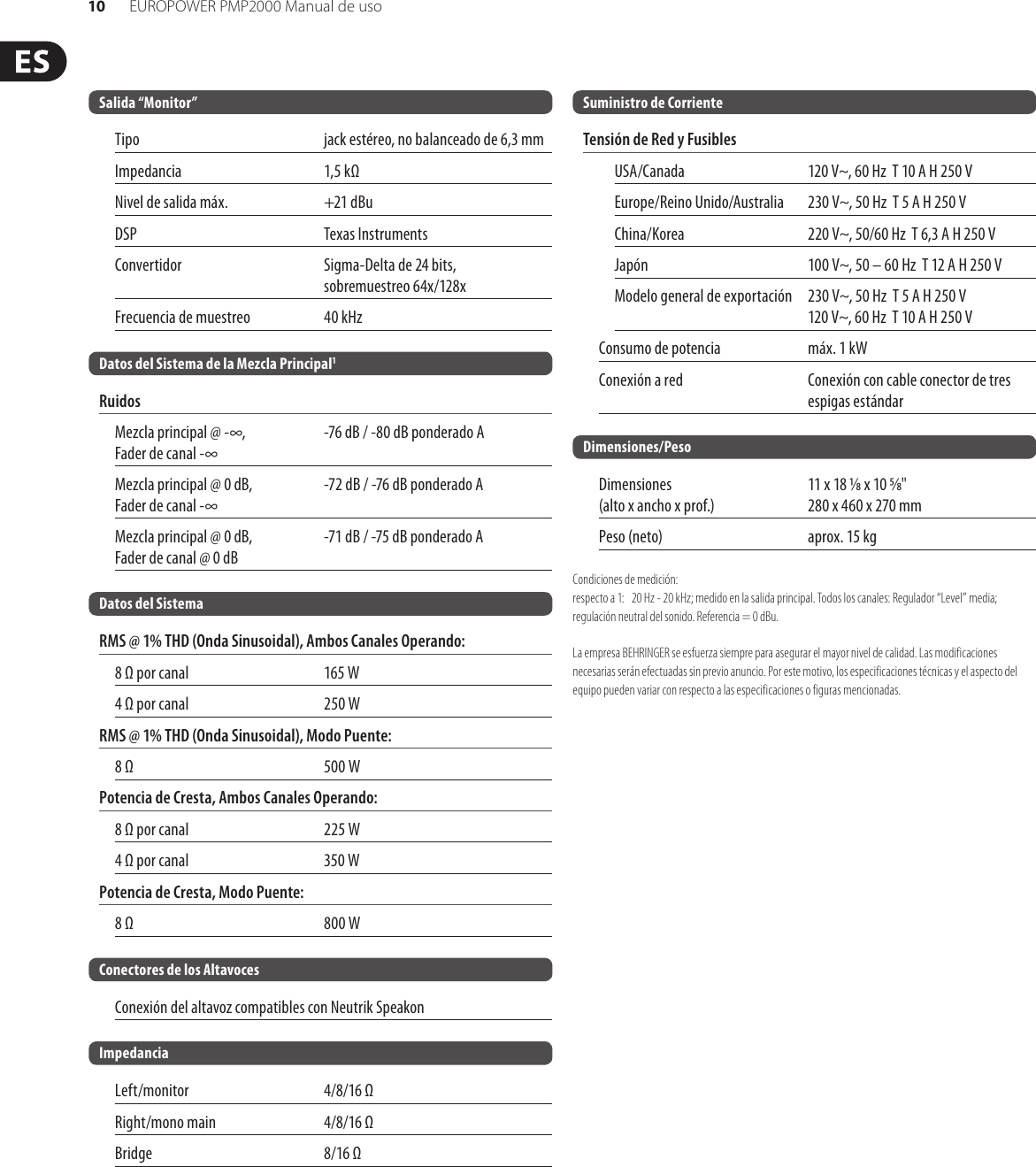 Page 10 of 11 - EUROPOWER PMP2000 Behringer User Manual (Spanish) P0611 M Es