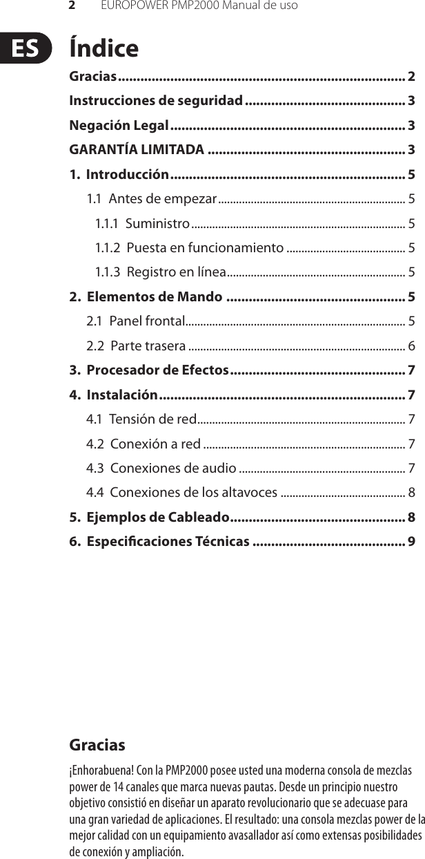 Page 2 of 11 - EUROPOWER PMP2000 Behringer User Manual (Spanish) P0611 M Es