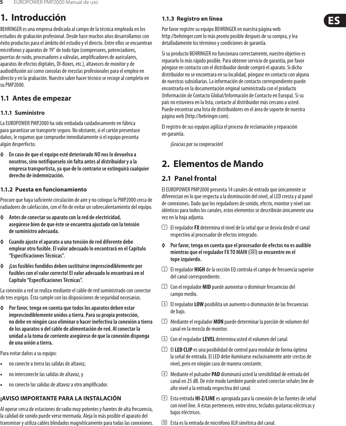 Page 5 of 11 - EUROPOWER PMP2000 Behringer User Manual (Spanish) P0611 M Es