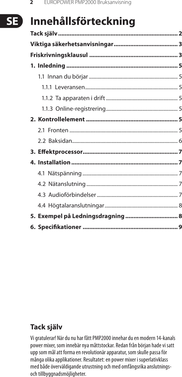 EUROPOWER PMP2000 Behringer User Manual (Swedish) P0611 M Se