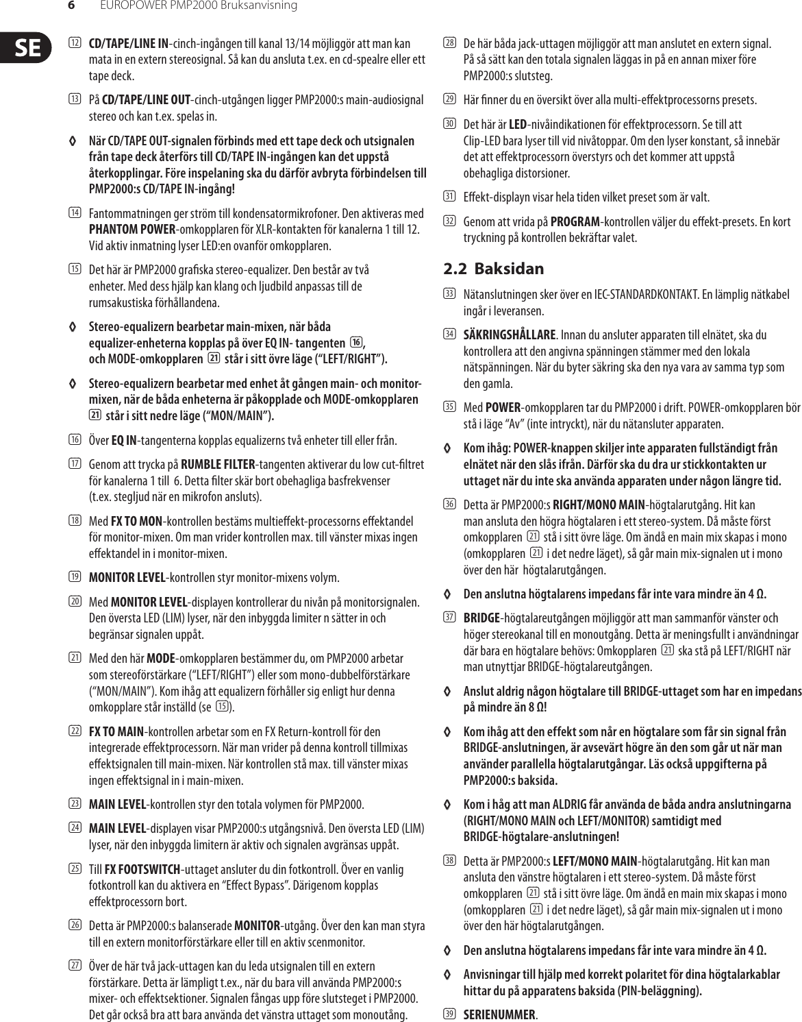EUROPOWER PMP2000 Behringer User Manual (Swedish) P0611 M Se